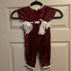 Vintage Girls Burgundy Evy Velour/Velvet Lace Jumper Jumpsuit 6-9 Months